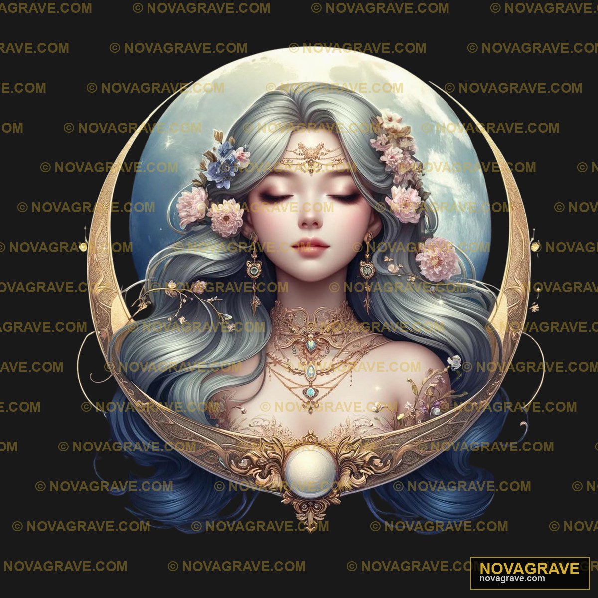 A Beautiful Girl With Long Hair And A Moon In Nature Botanical - Design DTF