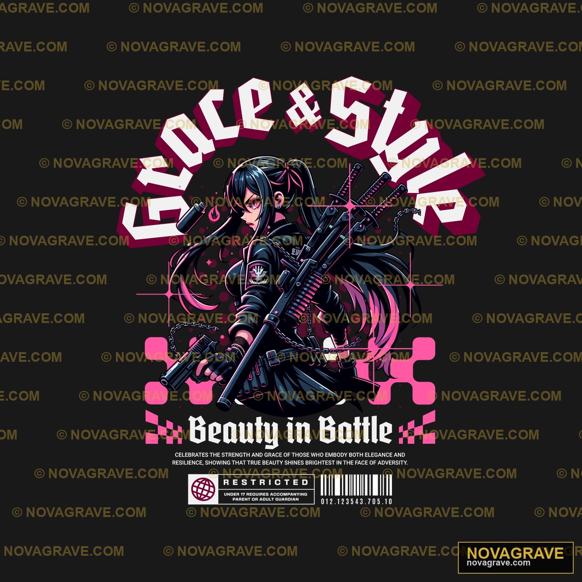 A Black And Pink Illustration Of A Girl With Other Designs - Design DTF