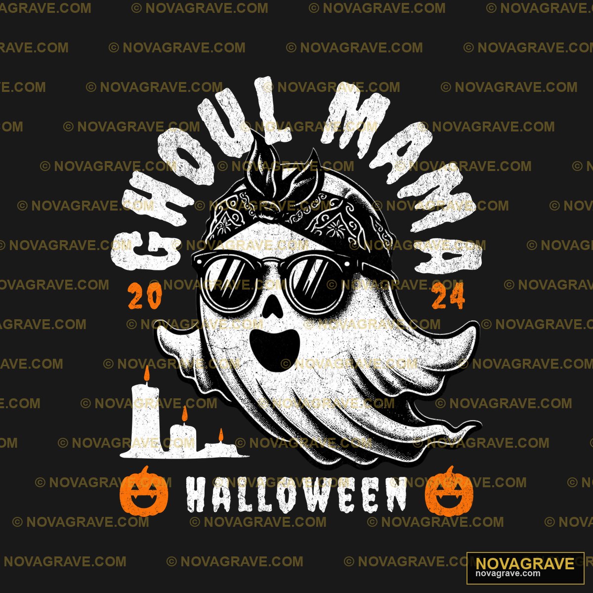 A Black And White Image Of A Ghost With A Pum Seasonal Holiday DTF Design