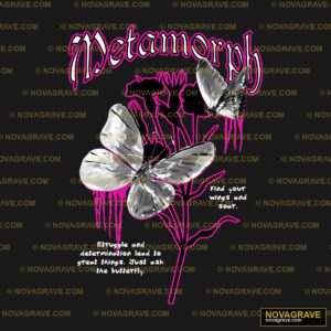A Black And White Poster With A Pink Butterfl Animals Wildlife - DTF Transfer Design