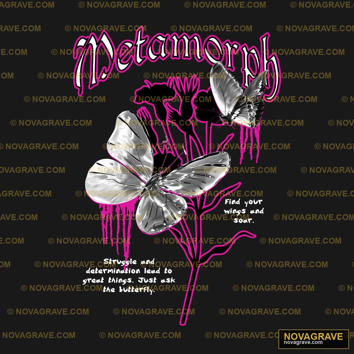 A Black And White Poster With A Pink Butterfl Animals Wildlife - DTF Transfer Design