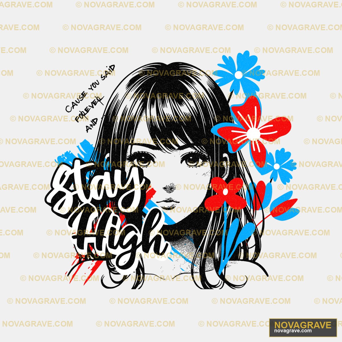 A Black Background With A Red And Blue Flower Nature Botanical - DTF Transfer Design