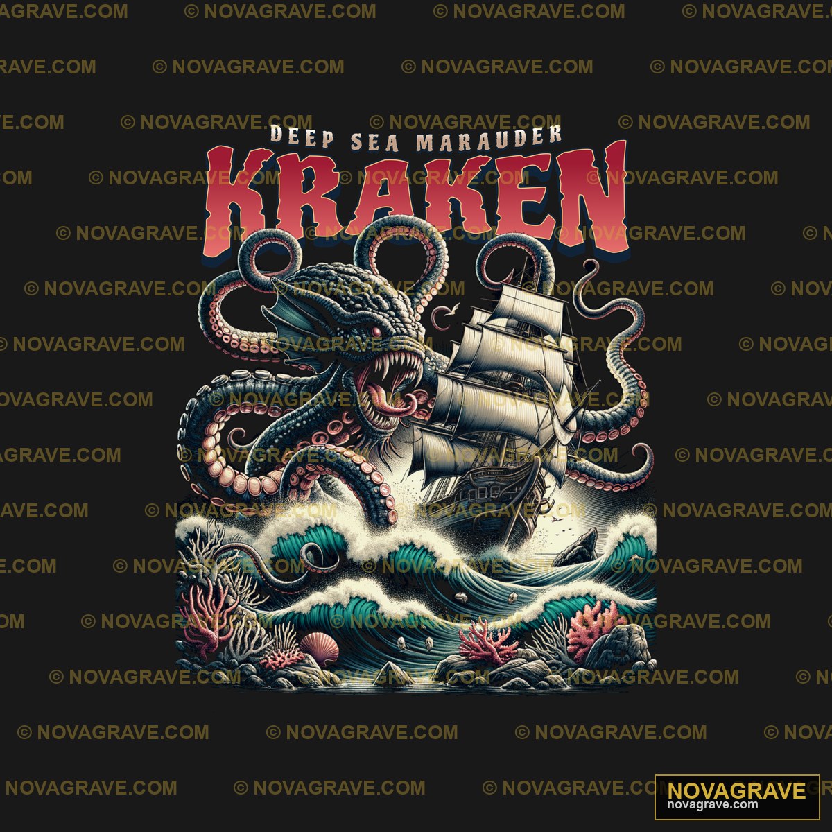 A Black Shirt With An Octopus And A Ship In T Animals Wildlife - DTF Transfer Design