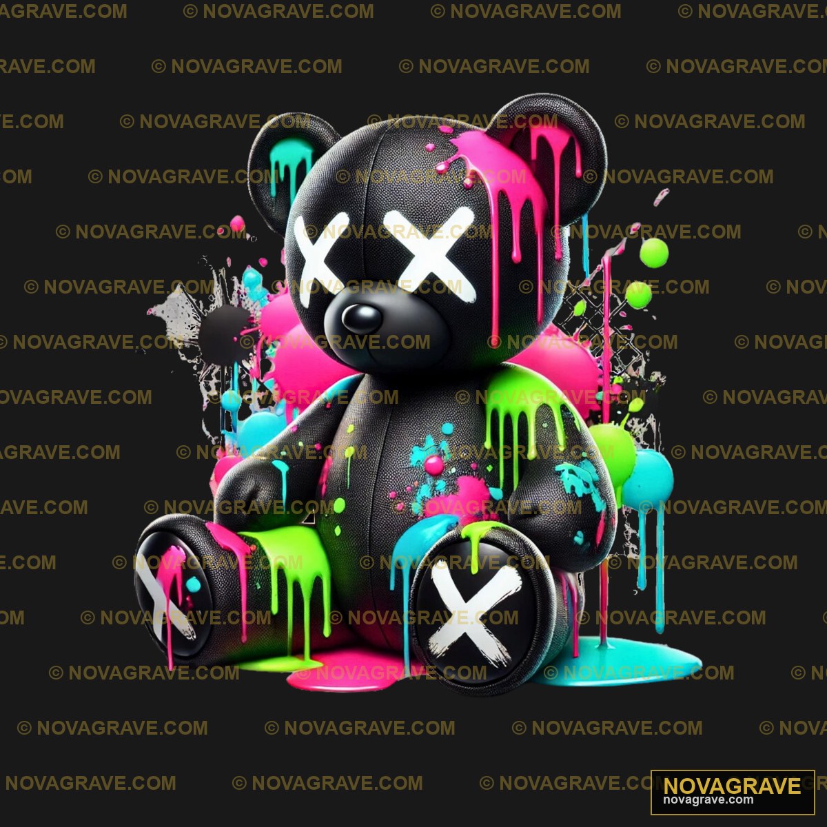 A Black Teddy Bear With Colorful Paint Splats Animals Wildlife - DTF Ontwerp