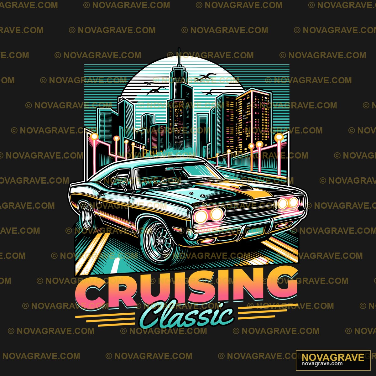 A Car With The Words Cruising Classic In Fron Retro Vintage - DTF Transfer Design