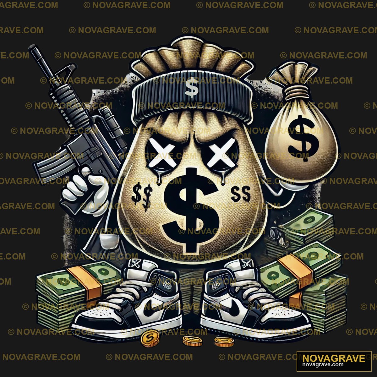 A Cartoon Bear With Money And A Gun Animals Wildlife - Design DTF