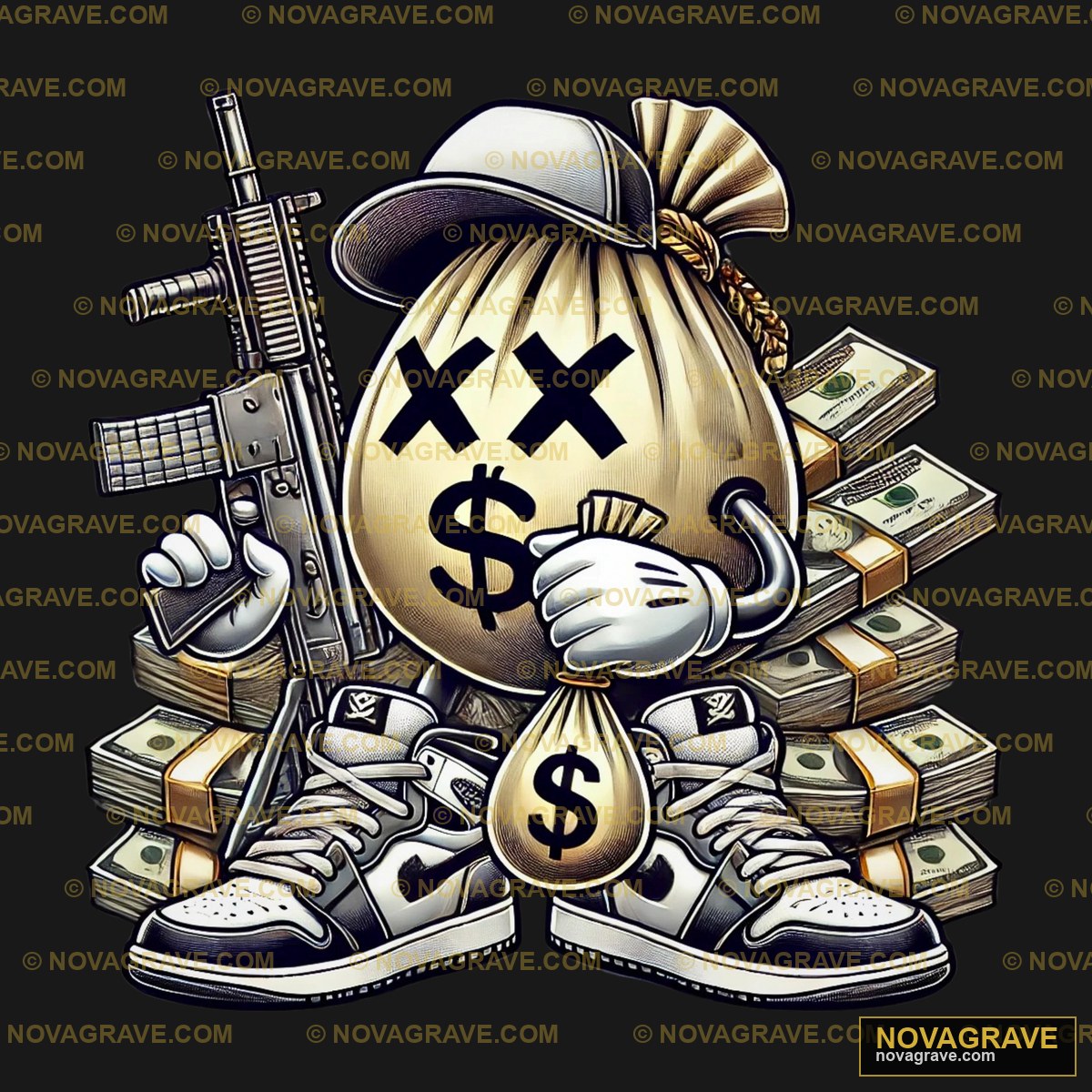 A Cartoon Character Holding A Bag Of Money Other Designs - DTF Ontwerp