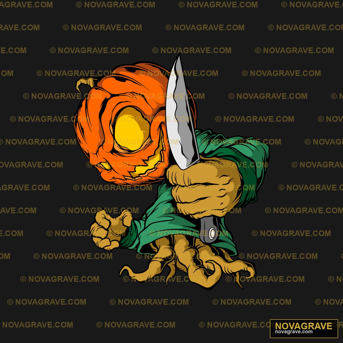 A Cartoon Character With A Knife And Pumpkin Seasonal Holiday - DTF Transfer Design