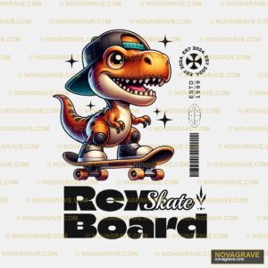 A Cartoon Dinosaur Riding A Skateboard Sports Fitness - Design DTF