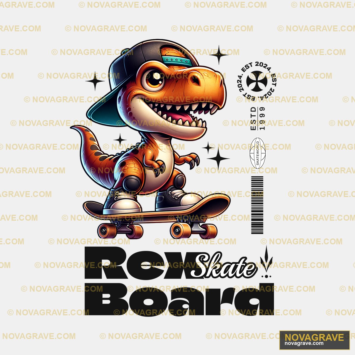 A Cartoon Dinosaur Riding A Skateboard Sports Fitness - Design DTF