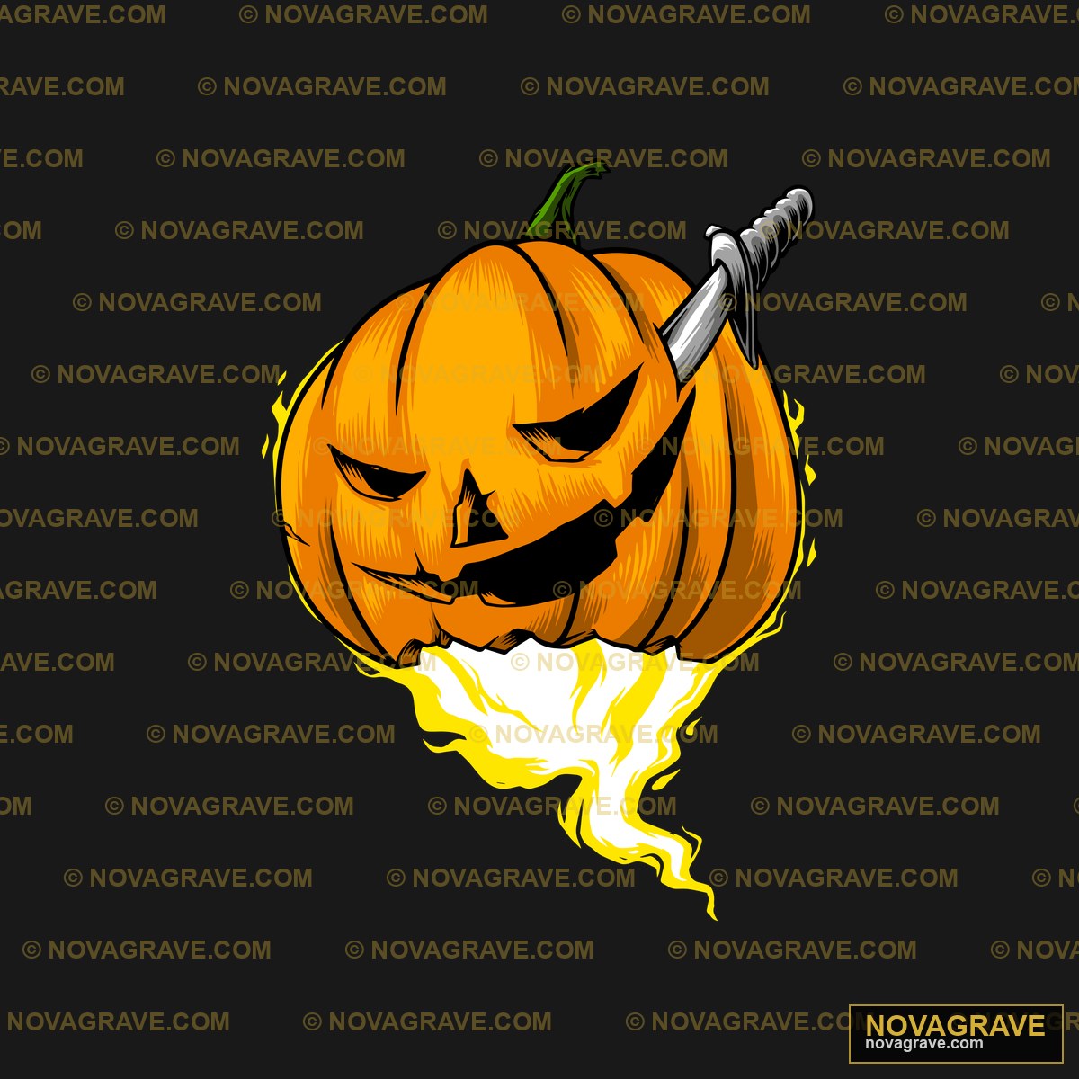 A Cartoon Pumpkin With A Knife In Its Mouth Seasonal Holiday - Design DTF