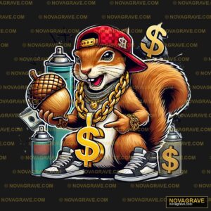 A Cartoon Squirrel With A Gun And Money Sports Fitness - Design DTF
