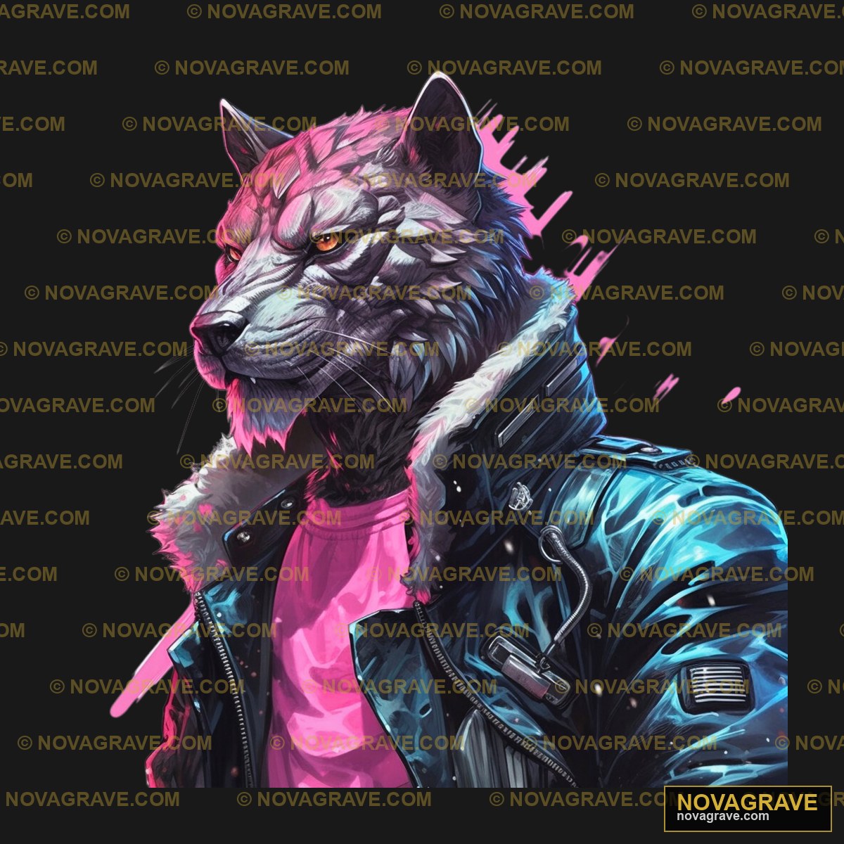 A Cat Wearing A Leather Jacket And Pink Shirt Animals Wildlife - DTF Ontwerp