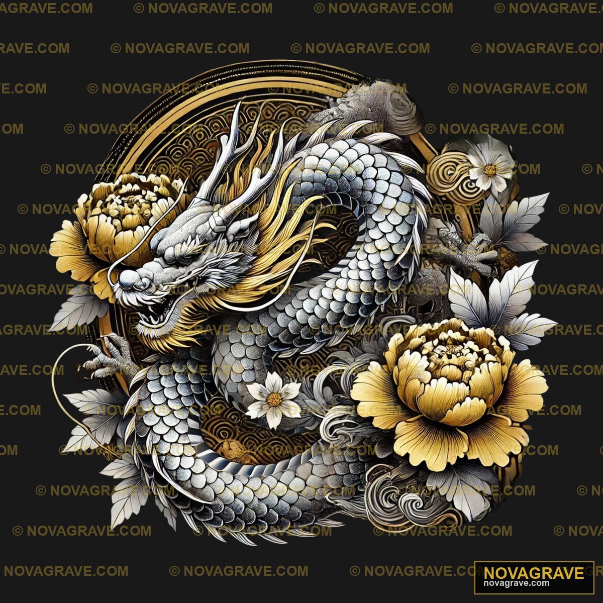 A Gold And Silver Dragon With Flowers On A Bl Animals Wildlife - Design DTF