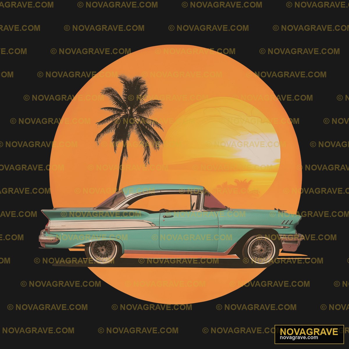 A Green Car Parked In Front Of A Palm Tree Nature Botanical - DTF Transfer Design