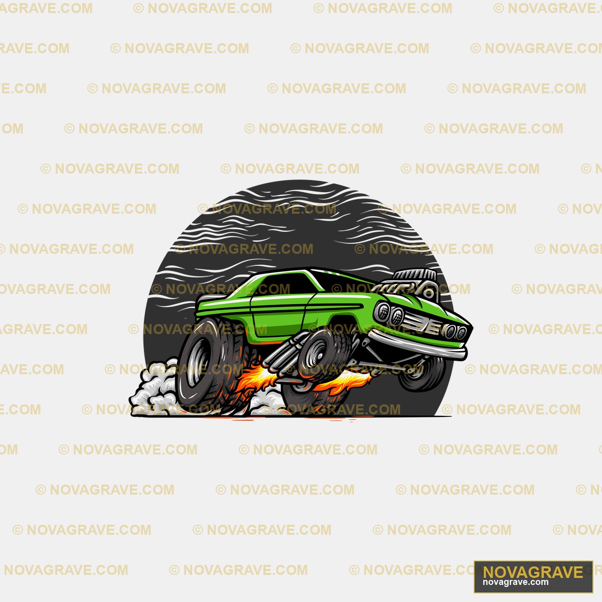 A Green Car With Flames Coming Out Of It Other Designs - DTF Transfer Design