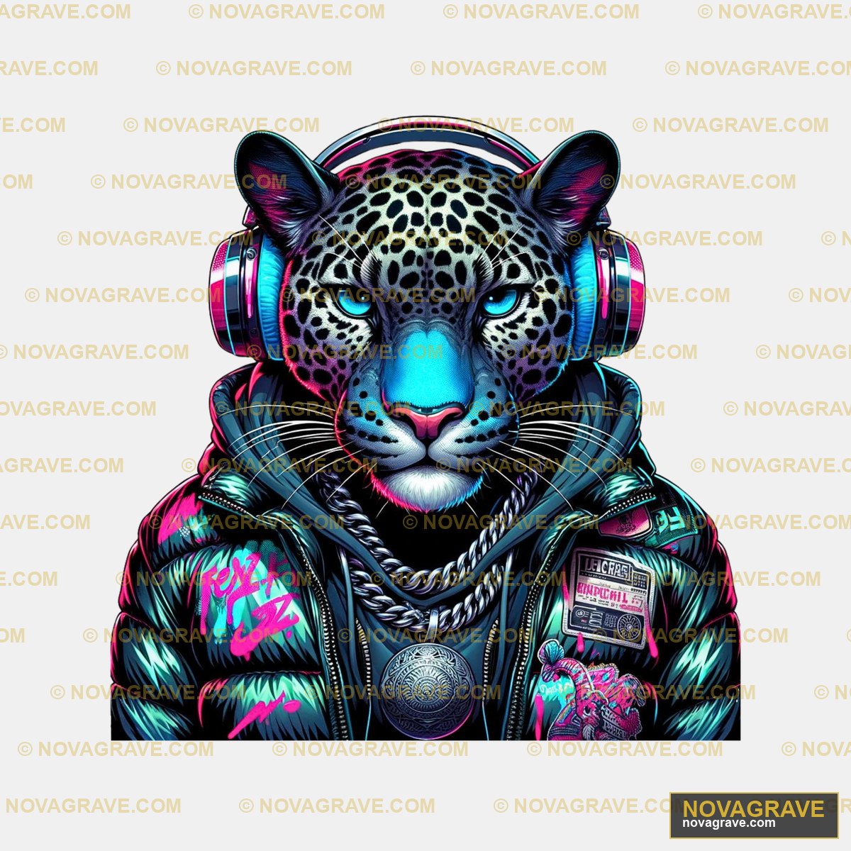 A Leopard Wearing Headphones And A Jacket Animals Wildlife 3 - DTF Ontwerp
