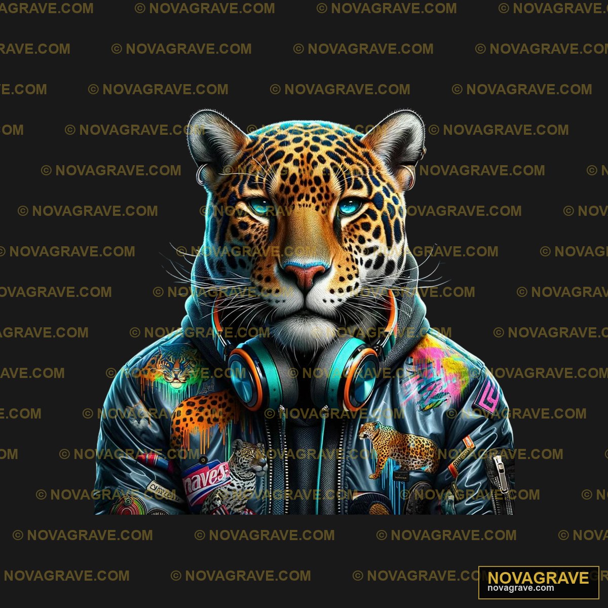A Leopard Wearing Headphones And A Jacket Animals Wildlife - DTF Ontwerp