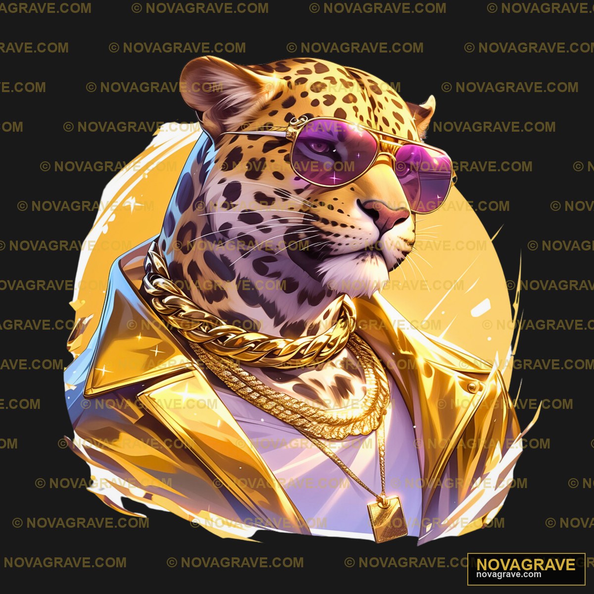A Leopard Wearing Sunglasses And A Gold Jacke Animals Wildlife - DTF Ontwerp