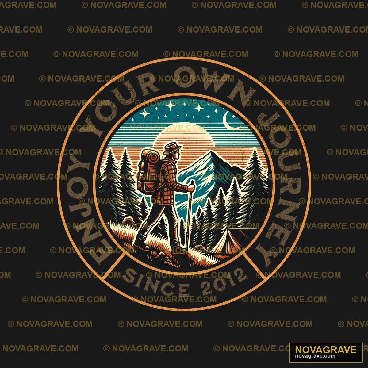 A Man Hiking In The Mountains With A Moon And Nature Botanical - DTF Transfer Design
