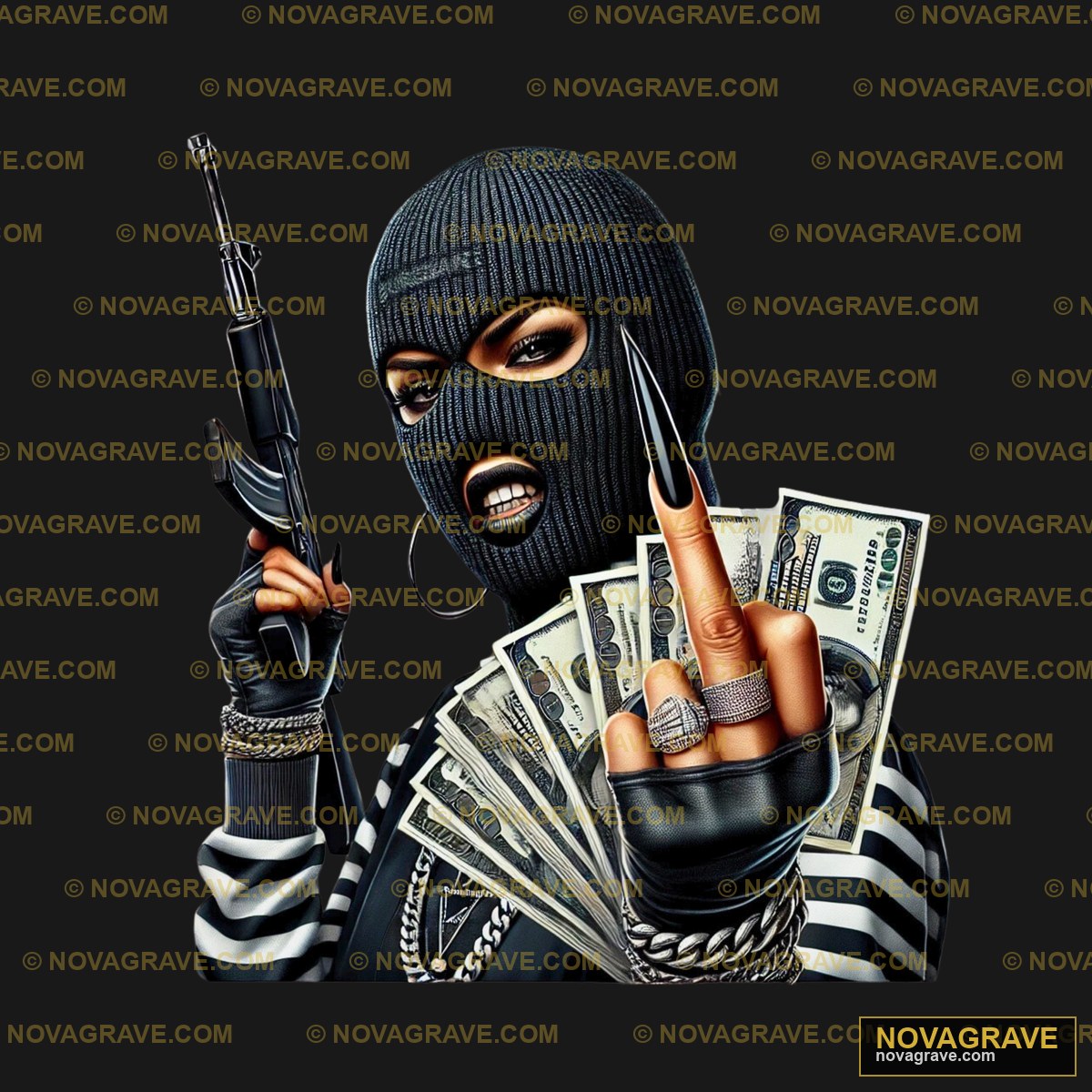 A Man In A Black Mask Holding A Gun And Money Other Designs - Design DTF