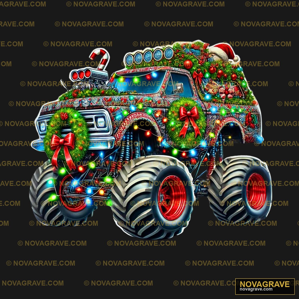 A Monster Truck With Christmas Lights And A C Nature Botanical - Design DTF