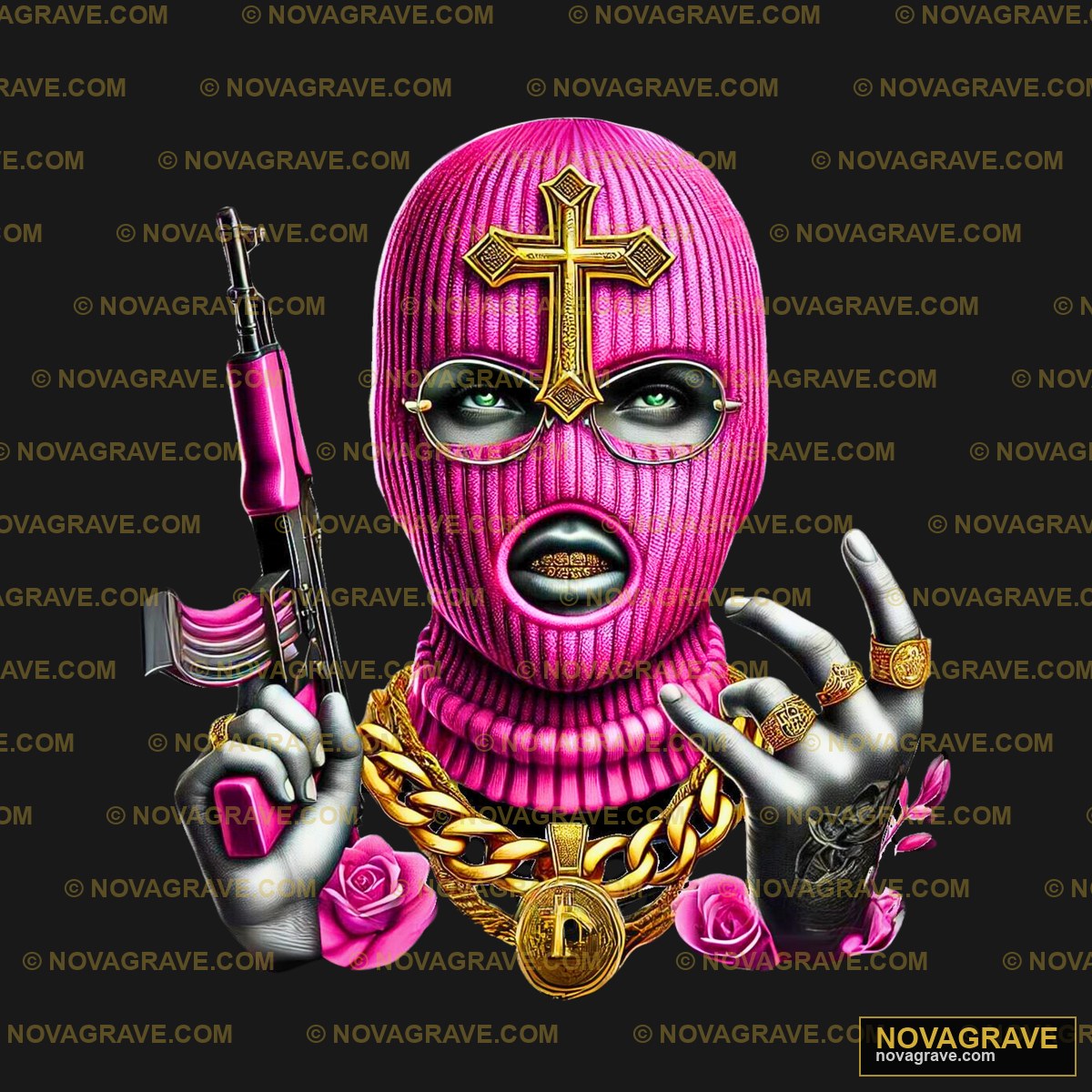 A Pink Man With Guns And A Cross On His Face Religious Spiritua - Design DTF