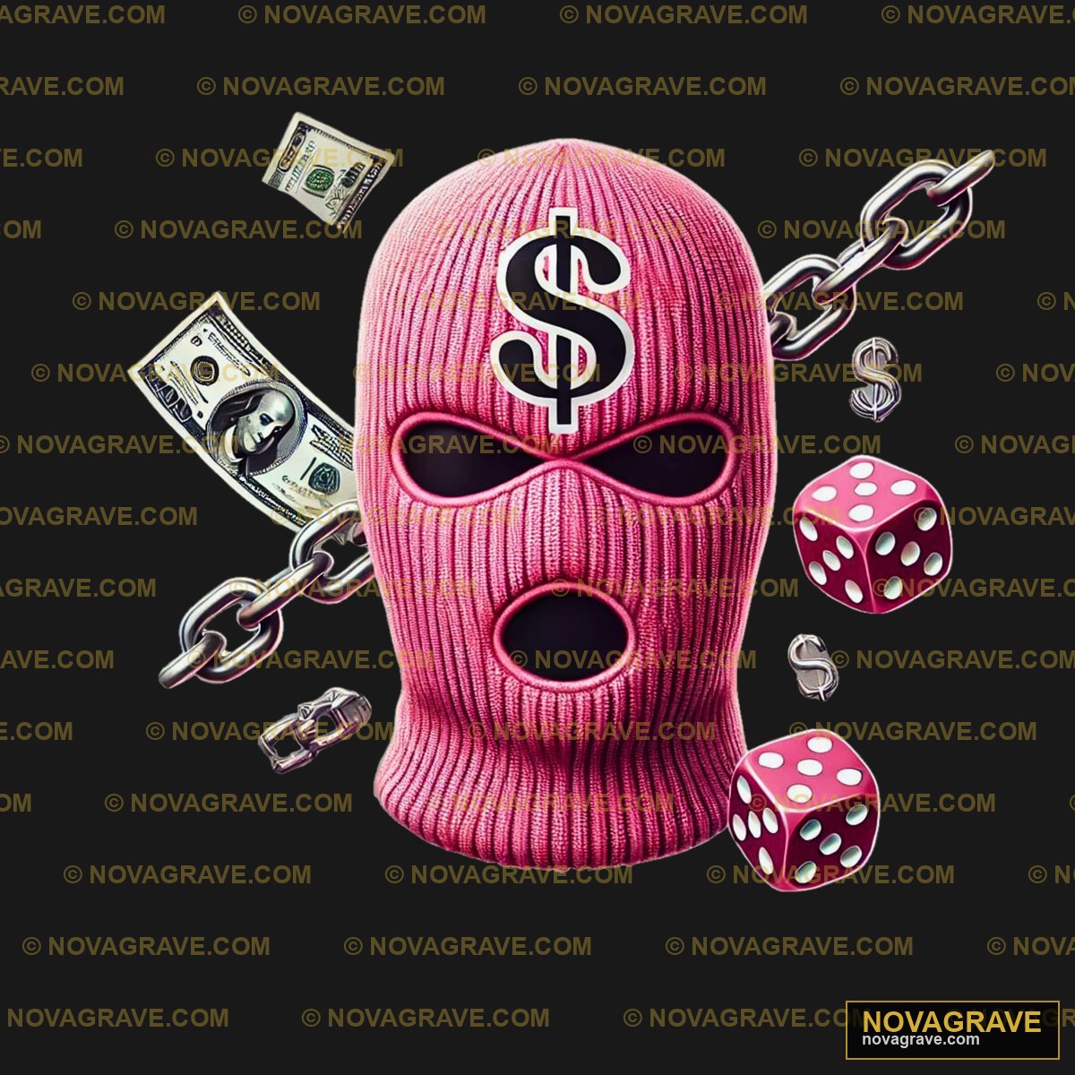A Pink Mask With A Dollar Sign And Dice Other Designs - Design DTF
