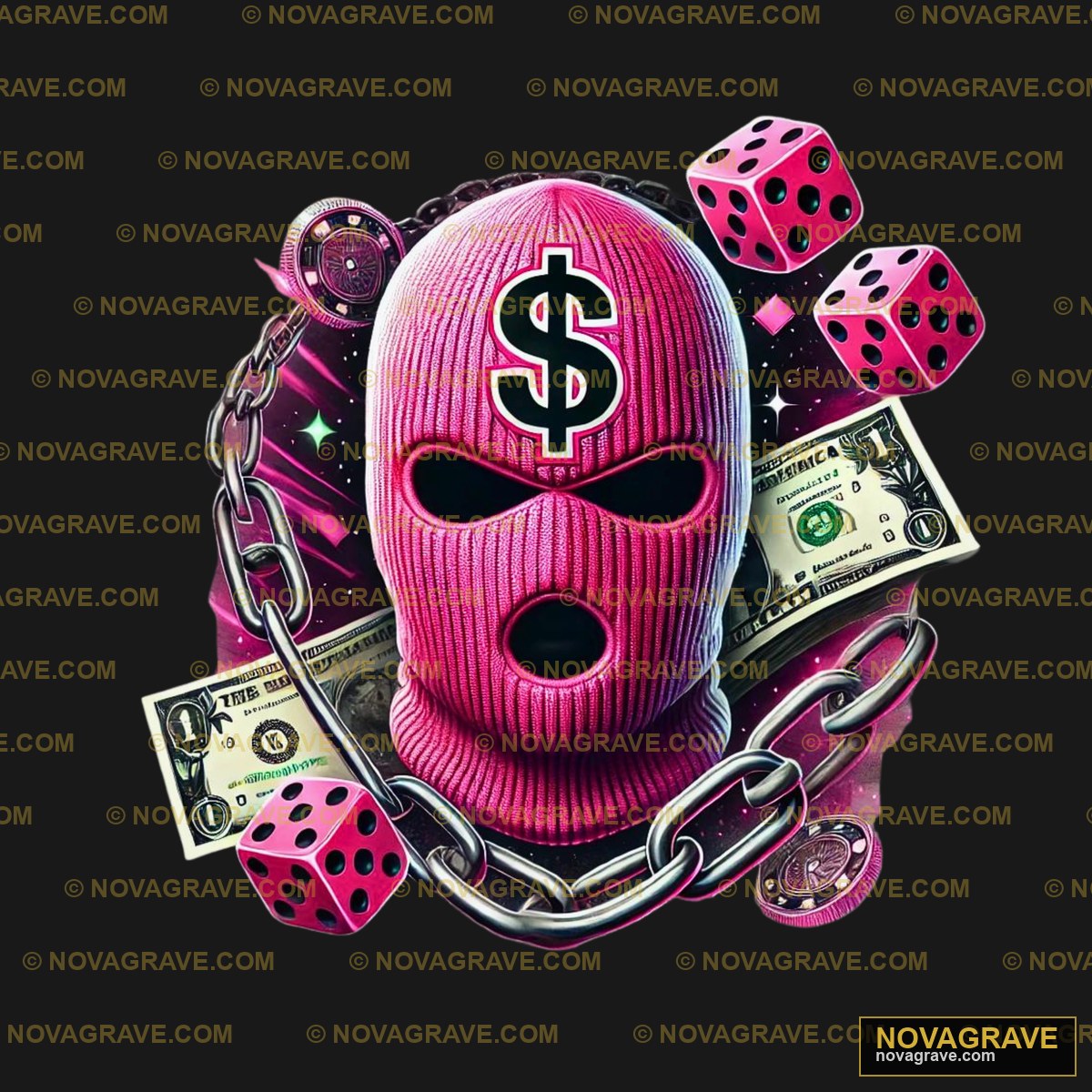 A Pink Mask With A Dollar Sign And Handcuffs Other Designs - Design DTF
