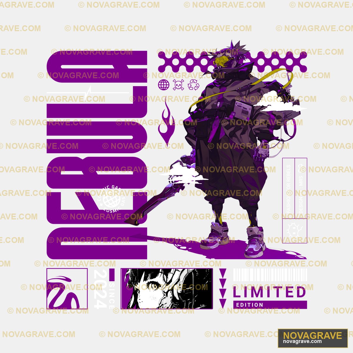 A Purple And Black Anime Character With A Swo Other Designs - Design DTF