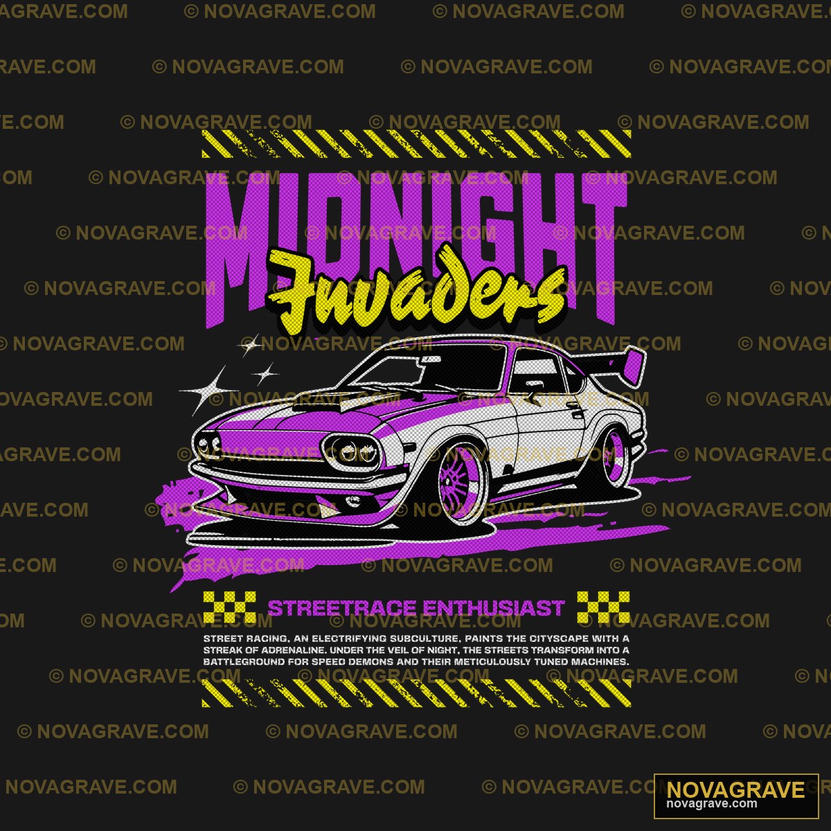 A Purple And Yellow Car With The Words Midnig Typography Slogans - DTF Transfer Design