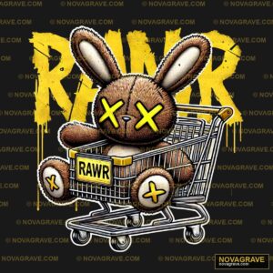 A Rabbit In A Shopping Cart With The Word Rar Animals Wildlife - Design DTF