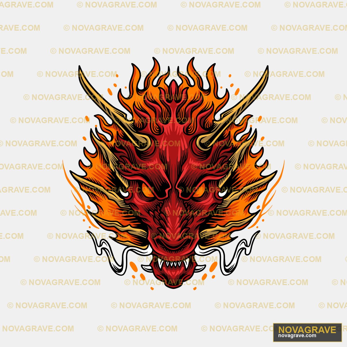 A Red Dragon Head With Flames On It Animals Wildlife - DTF Ontwerp