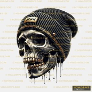 A Skull Wearing A Beanie Hat With A Gold Chai Streetwear Urban - Design DTF