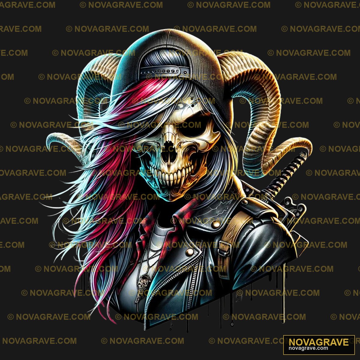 A Skull With A Hat And A Long Hair Streetwear Urban - DTF Transfer Design