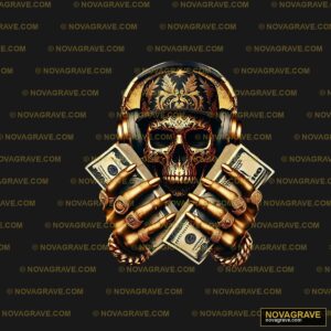 A Skull With A Helmet And A Bunch Of Money Streetwear Urban - DTF Transfer Design