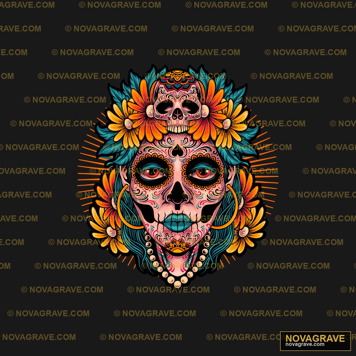 A Sugar Skull With Flowers And Leaves Streetwear Urban - Design DTF
