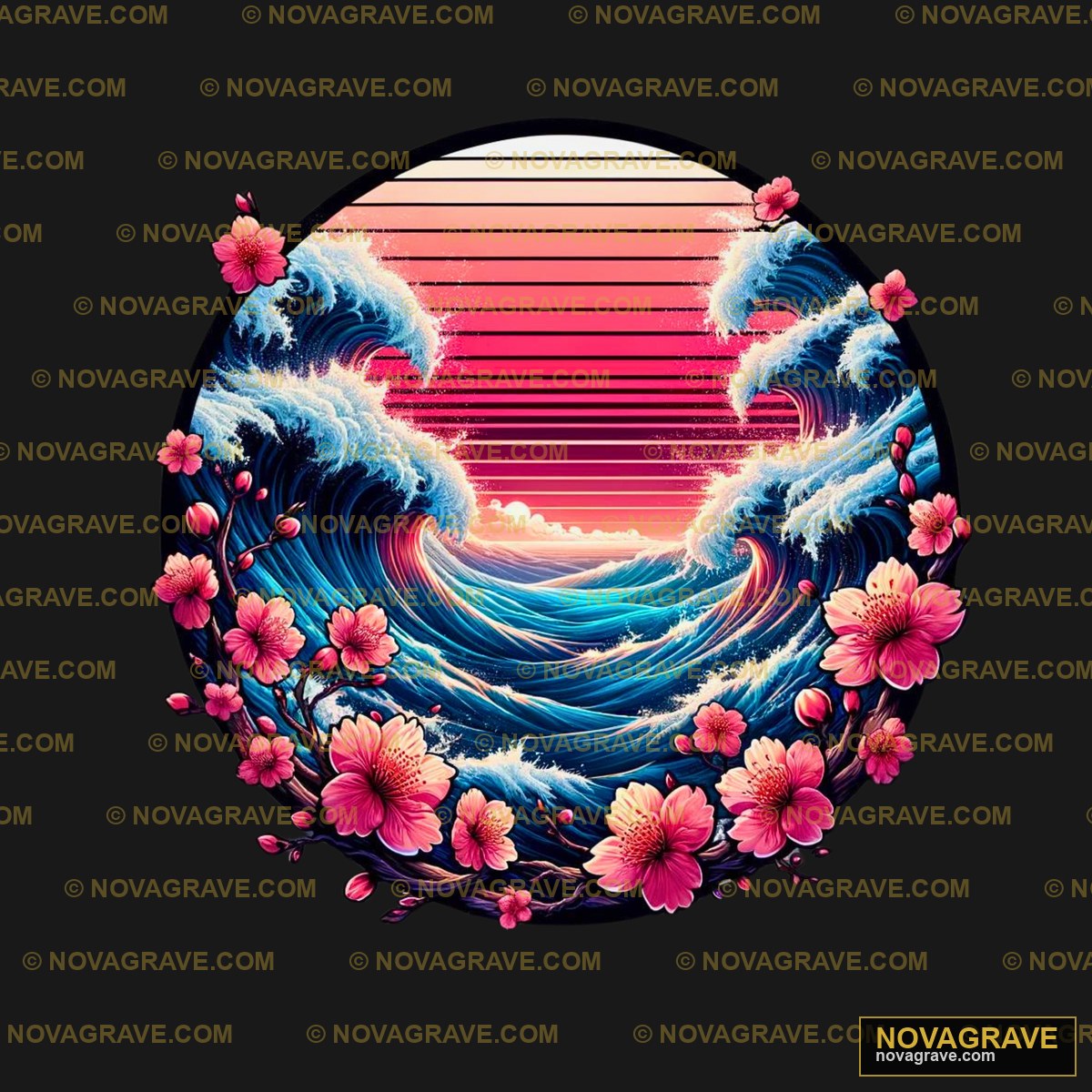 A Sunset With Flowers And Waves Nature Botanical - DTF Transfer Design