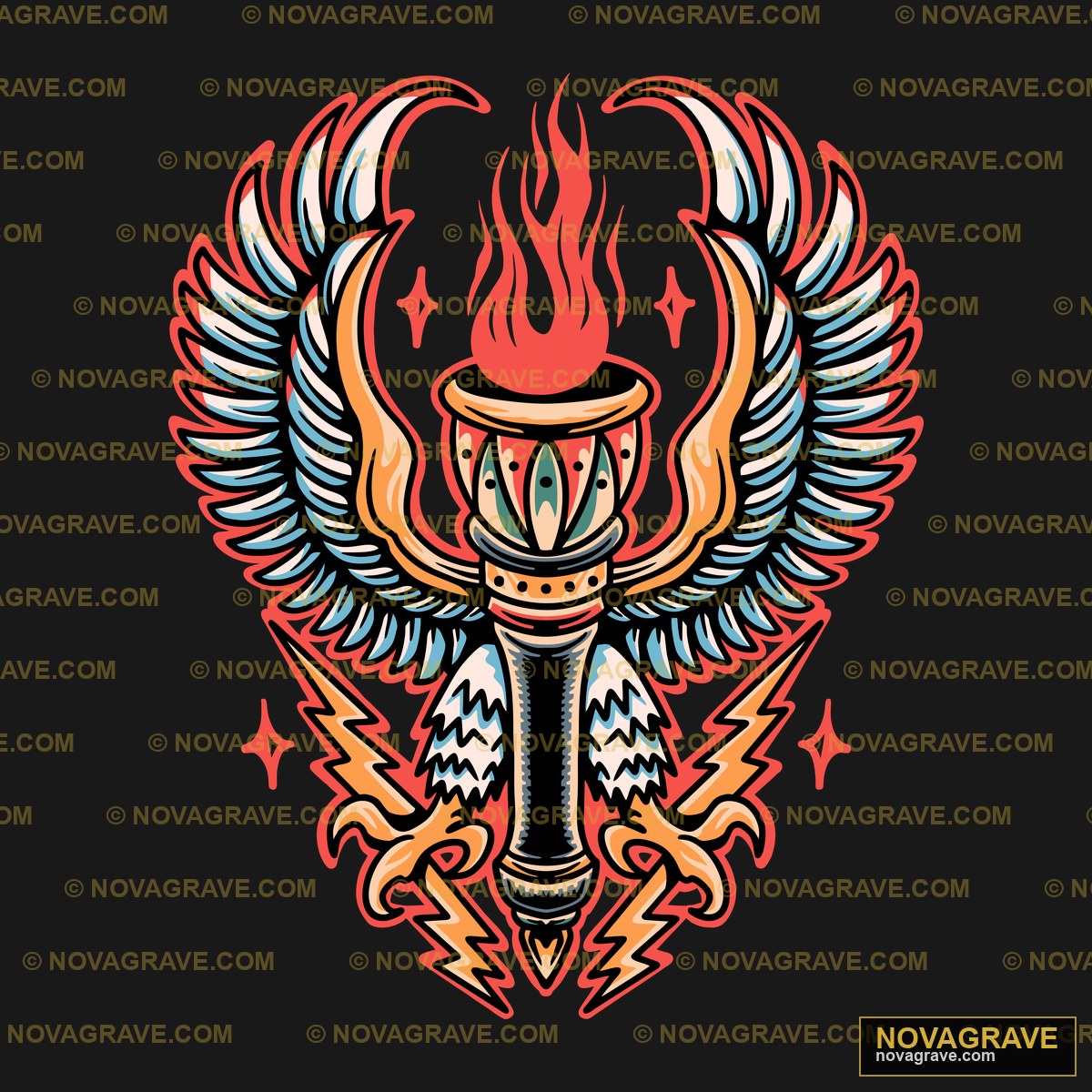 A Tattoo Design With A Flaming And A Dagger Other Designs - DTF Transfer Design