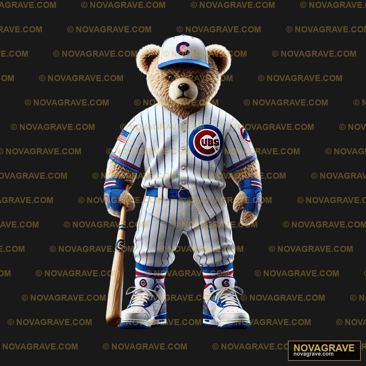 A Teddy Bear Dressed In A Chicago Cubs Unifor Animals Wildlife - DTF Transfer Design