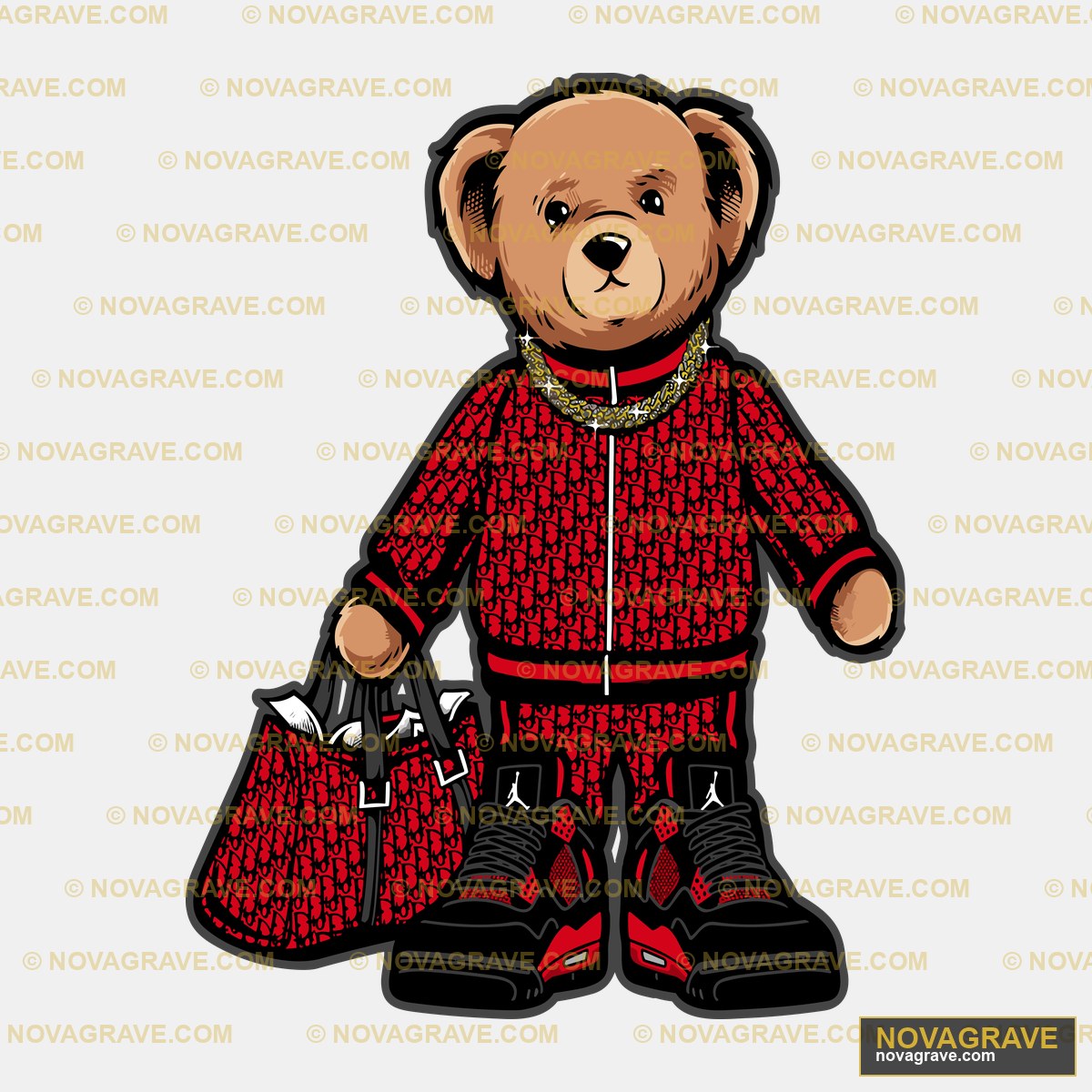 A Teddy Bear In A Red Jacket And Sneakers Animals Wildlife - DTF Transfer Design