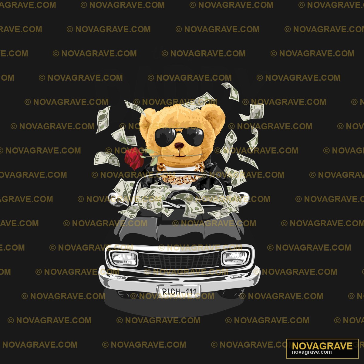 A Teddy Bear Sitting In A Car With Money Comi Animals Wildlife - DTF Ontwerp