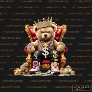 A Teddy Bear Sitting On A Throne With Money Animals Wildlife - DTF Transfer Design
