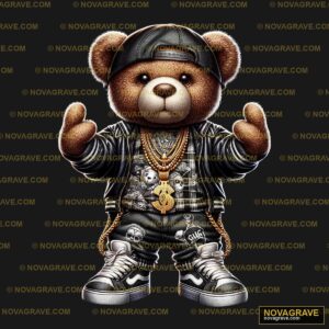 A Teddy Bear Wearing A Black Jacket And A Gol Animals Wildlife - Design DTF