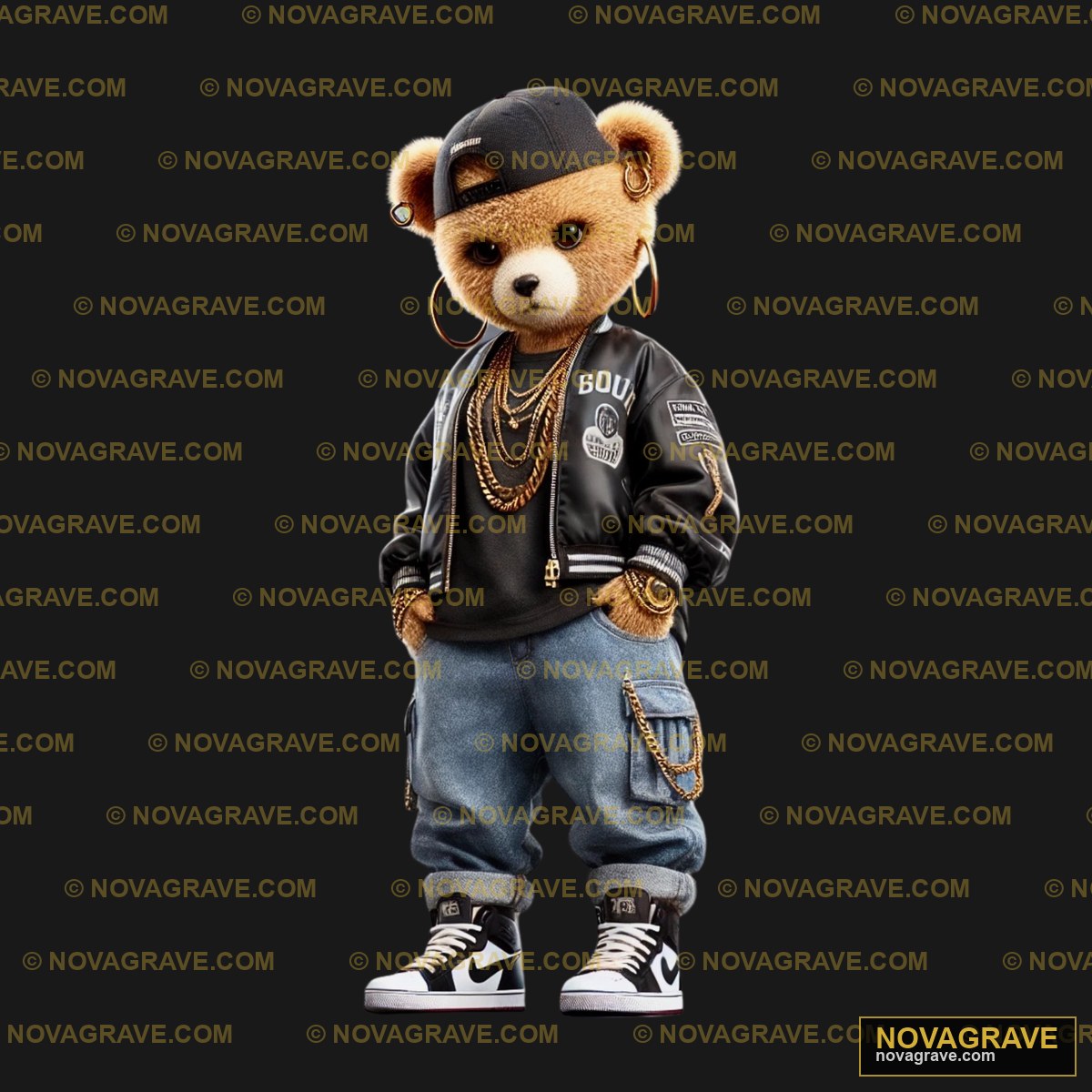 A Teddy Bear Wearing A Black Jacket And Jeans Animals Wildlife - DTF Ontwerp