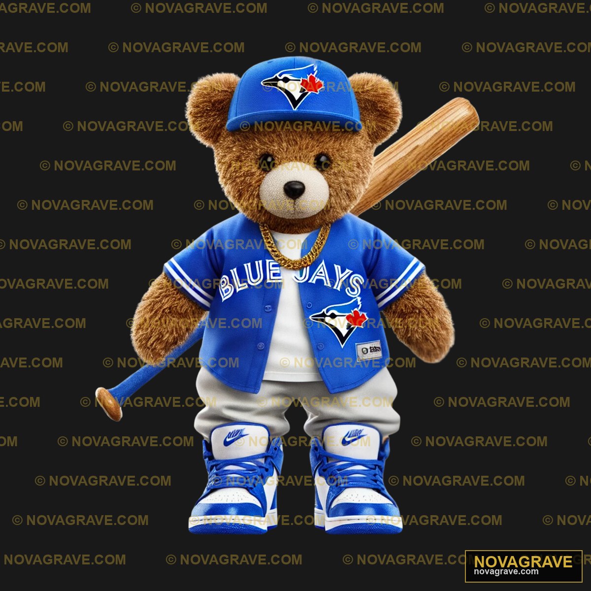 A Teddy Bear Wearing A Blue Jays Baseball Uni Animals Wildlife - DTF Ontwerp