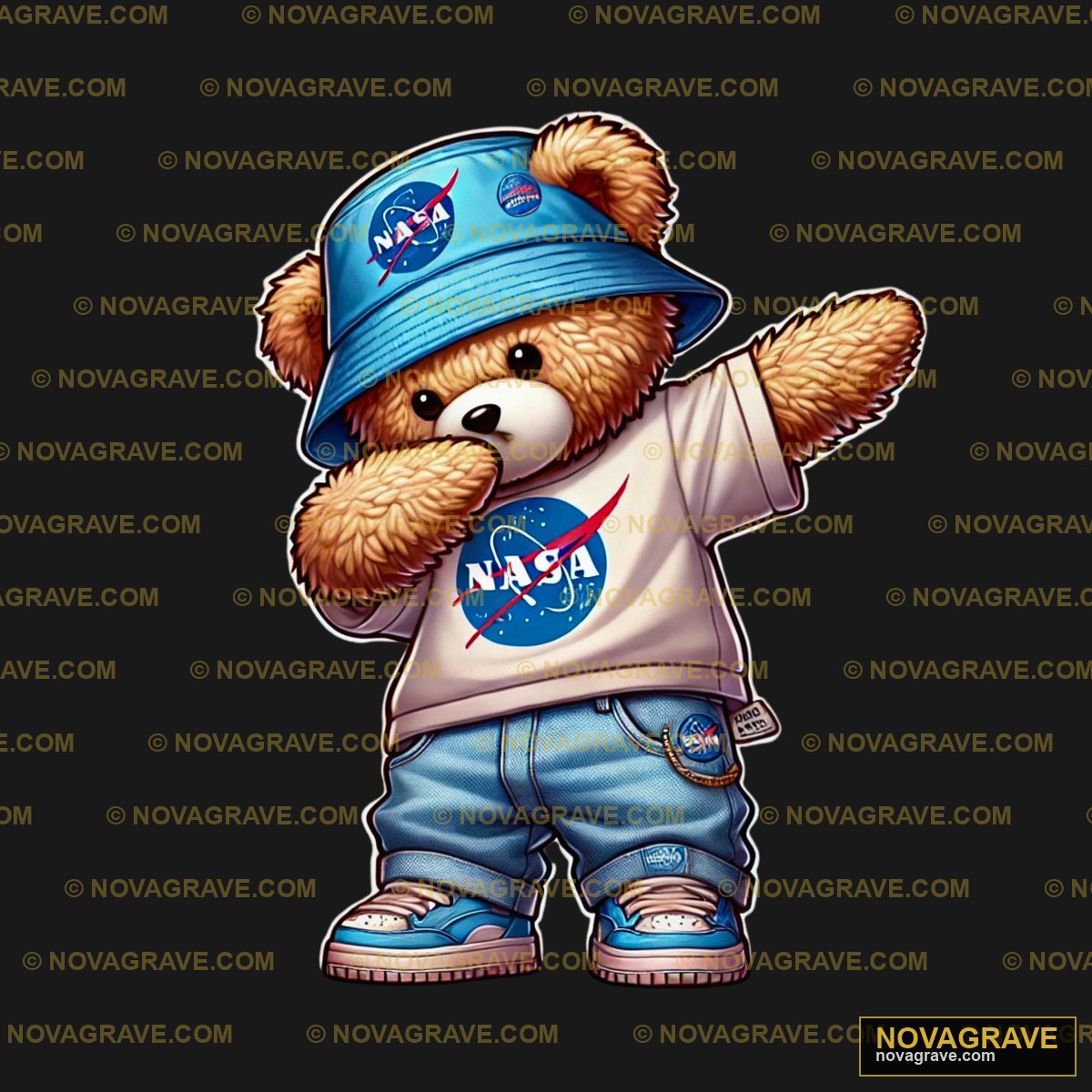 A Teddy Bear Wearing A Nasa Shirt And Jeans Animals Wildlife - DTF Ontwerp