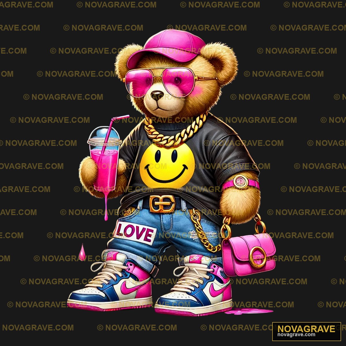 A Teddy Bear Wearing A Pink Hat And Sunglasse Animals Wildlife - DTF Ontwerp
