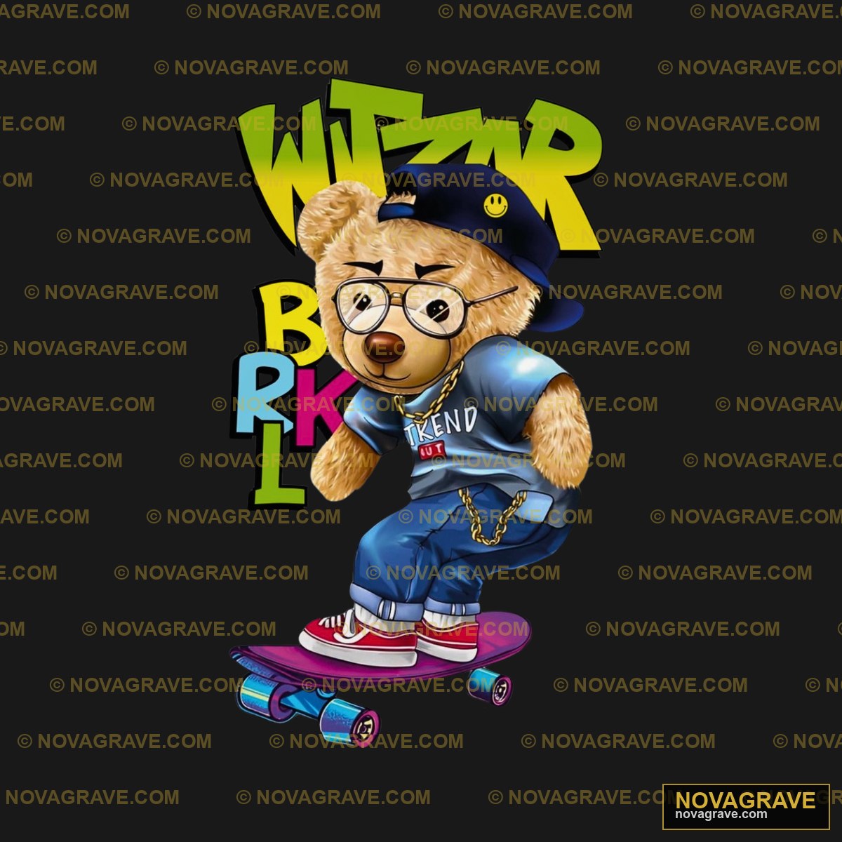 A Teddy Wearing A Hat And Glasses Riding A Sk Sports Fitness - DTF Ontwerp