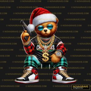 A Teddy Wearing A Santa Hat And Holding A Gun Seasonal Holiday - Design DTF